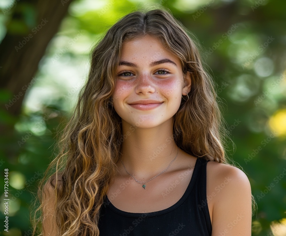 Young girl smiling outdoors in natural light during summer Young girl smiling outdoors in natural light during summer