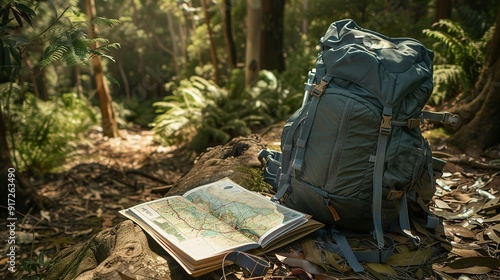 A hiker’s backpack resting beside a trail map of the Dandenong Ranges. This image signifies preparation and the beginning of an adventure into the unknown