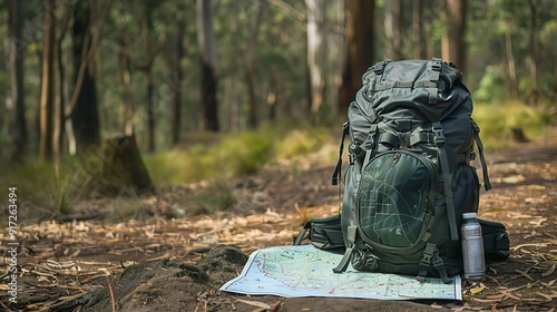 A hiker’s backpack resting beside a trail map of the Dandenong Ranges. This image signifies preparation and the beginning of an adventure into the unknown photo