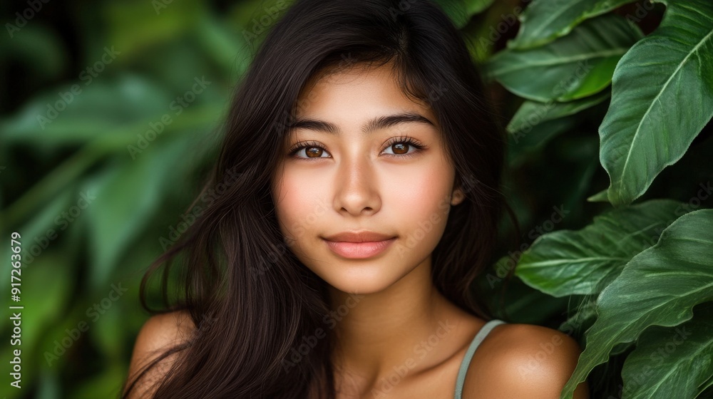 Young woman with long hair posing near lush green foliage Young woman with long hair posing near lush green foliage