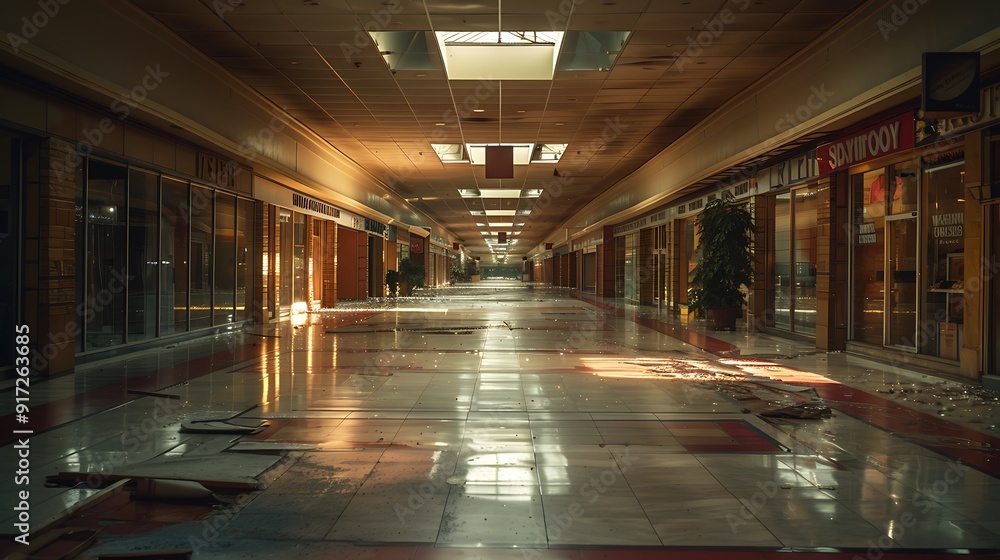 A photograph of an empty shopping mall with deserted corridors and closed shops, dim lighting casting long shadows. The scene is set during a cloudy day, creating a somber and abandoned atmosphere. A photograph of an empty shopping mall with deserted corridors and closed shops, dim lighting casting long shadows. The scene is set during a cloudy day, creating a somber and abandoned atmosphere.