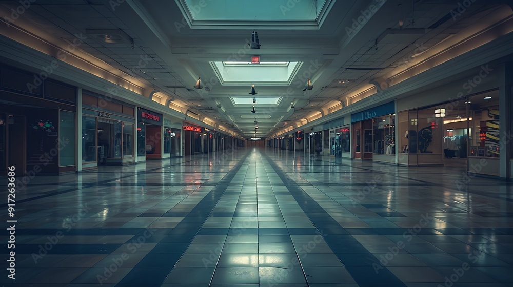 A photograph of an empty shopping mall with deserted corridors and closed shops, dim lighting casting long shadows. The scene is set during a cloudy day, creating a somber and abandoned atmosphere. A photograph of an empty shopping mall with deserted corridors and closed shops, dim lighting casting long shadows. The scene is set during a cloudy day, creating a somber and abandoned atmosphere.