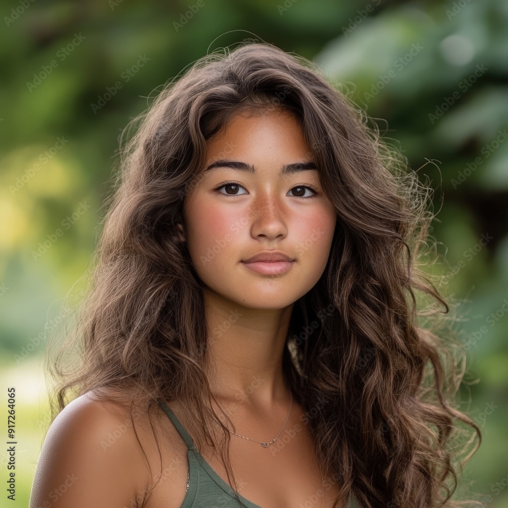 Young woman with curly hair outdoors during the day Young woman with curly hair outdoors during the day