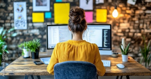 Young blonde woman seated at a desk working at her computer photo