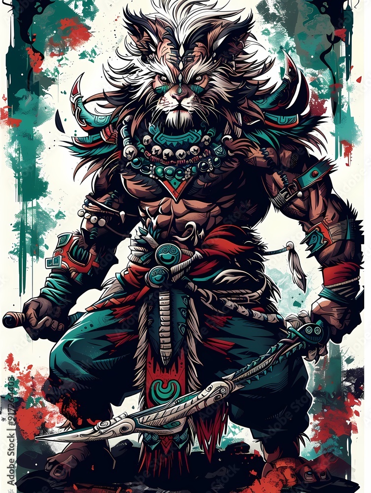 Fototapeta premium A fierce anthropomorphic lion warrior adorned with tribal armor and accessories.