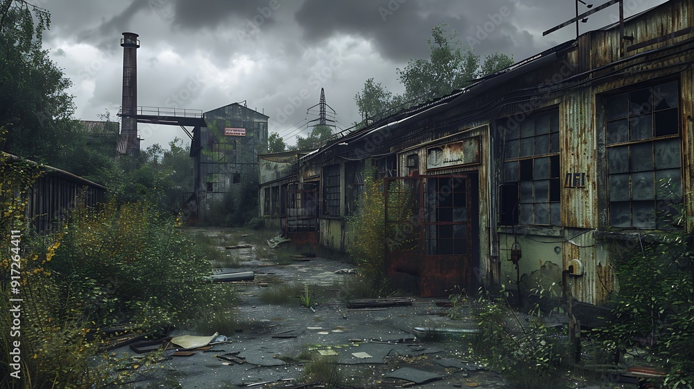 A realistic photo of an abandoned factory with rusty gates and deserted production lines, surrounded by overgrown vegetation. The cloudy sky and dim lighting add to the sense of desolation. A realistic photo of an abandoned factory with rusty gates and deserted production lines, surrounded by overgrown vegetation. The cloudy sky and dim lighting add to the sense of desolation.