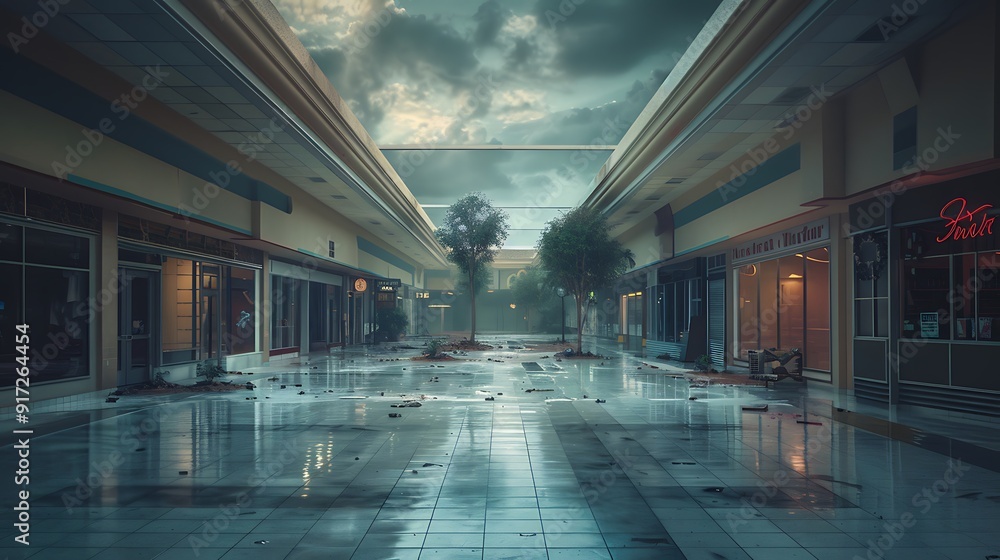 A realistic photo of an abandoned shopping mall with vacant corridors, closed shops, and a sense of desolation. The cloudy sky and dim lighting add to the melancholic mood. A realistic photo of an abandoned shopping mall with vacant corridors, closed shops, and a sense of desolation. The cloudy sky and dim lighting add to the melancholic mood.