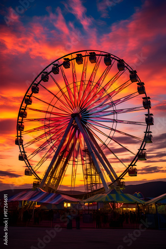 Vivid Sunset Behind the Majestic Structure of a Ferris Wheel: A Symphonic Dance of Colors