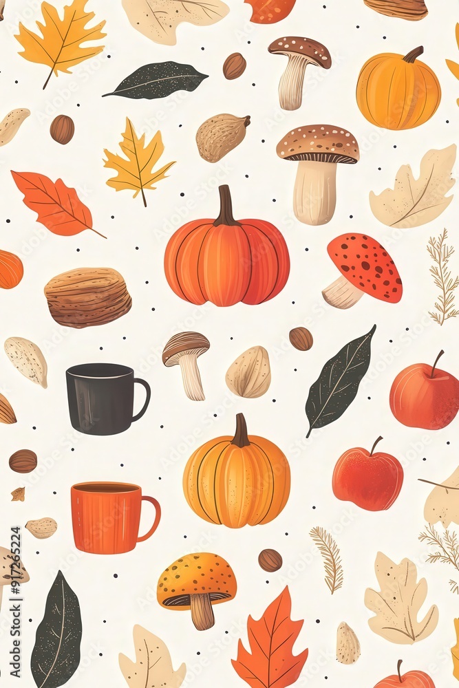 Autumn motifs in retro Art Deco style with leaves and pumpkins Autumn motifs in retro Art Deco style with leaves and pumpkins