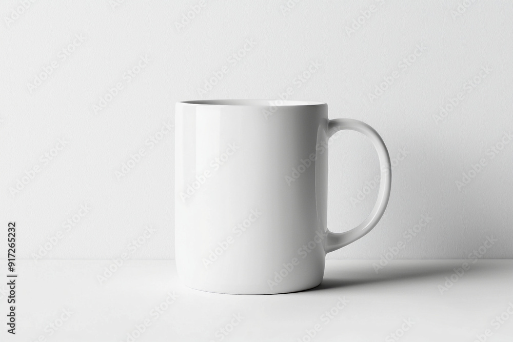 Obraz premium White mug mockup,tall white coffee cup with handle,on grey background.Mock up template for design print and logo presentation.