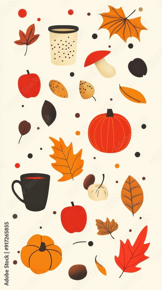 Retro Art Deco autumn motifs featuring leaves, fruits, and seasonal drinks Retro Art Deco autumn motifs featuring leaves, fruits, and seasonal drinks