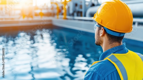 Engineer with hard hat and safety vest inspecting water treatment plant during sunny day, ensuring proper operation and safety compliance.