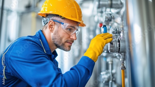 Engineer in blue workwear and yellow helmet operating industrial machinery in a factory and adjusting controls in a modern water treatment facility,