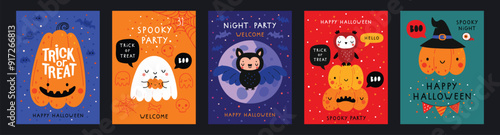 Halloween hand drawn invitation or greeting Cards set. Graphic elements - pumpkins, ghosts, zombie, candy and others. Vector illustration.