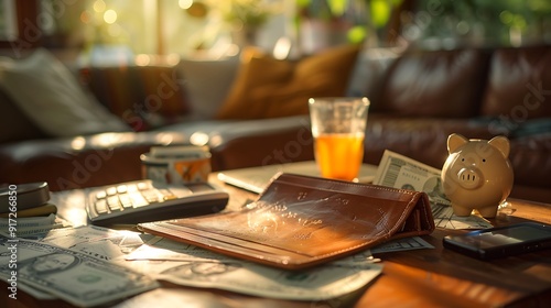 A wide-angle view of an open wallet with no cash, placed on a coffee table surrounded by overdue bills and an empty piggy bank. The scene is bathed in the soft light of early evening,