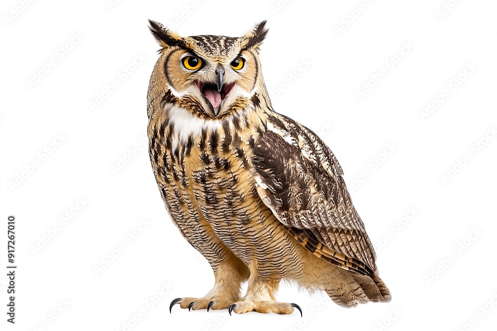 Eagle owl perched and hooting isolated on a white background Eagle owl perched and hooting isolated on a white background