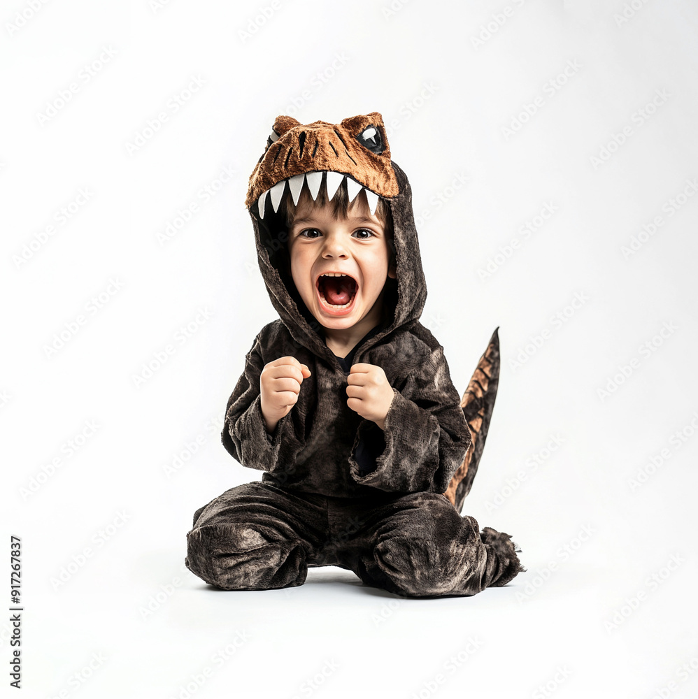 Naklejka premium Excited child in dinosaur costume roaring with enthusiasm. 