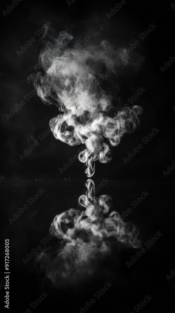 Smoke swirls above a reflective surface in a dark environment