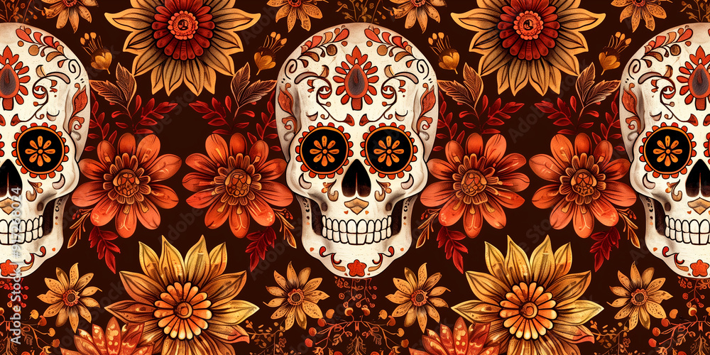 Celebration of sugar skulls and flower of the dead in Day of the Dead patterns and series in background Celebration of sugar skulls and flower of the dead in Day of the Dead patterns and series in background