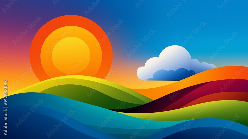 Obraz premium A colorful landscape with a large sun in the sky and a cloud in the background. The sun is positioned above the clouds, creating a sense of warmth and brightness. The vibrant colors of the sky