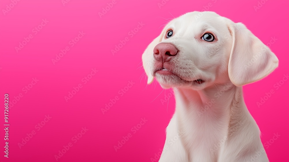 A white dog is looking at the camera with its mouth open. The pink background adds a pop of color to the scene A white dog is looking at the camera with its mouth open. The pink background adds a pop of color to the scene