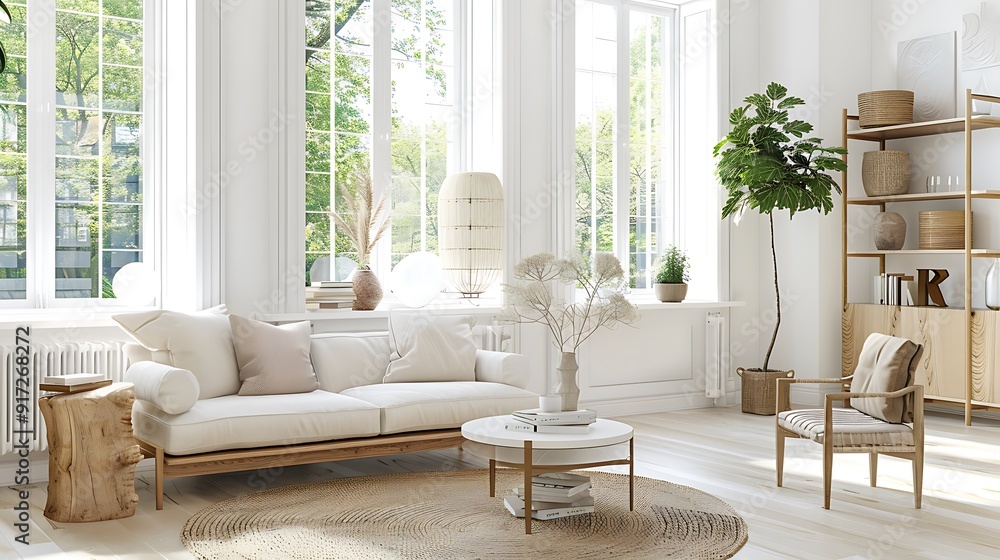 A bright and airy living room with white walls light wood furniture and large windows A bright and airy living room with white walls light wood furniture and large windows