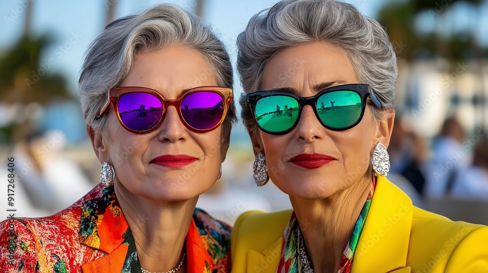 Obraz premium Two women wearing sunglasses and red lipstick pose for a photo. They are wearing yellow and orange outfits