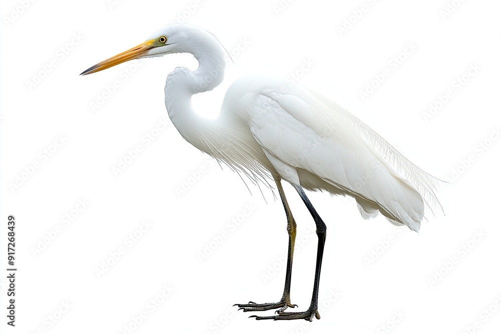 Egret standing and fishing isolated on a white background Egret standing and fishing isolated on a white background