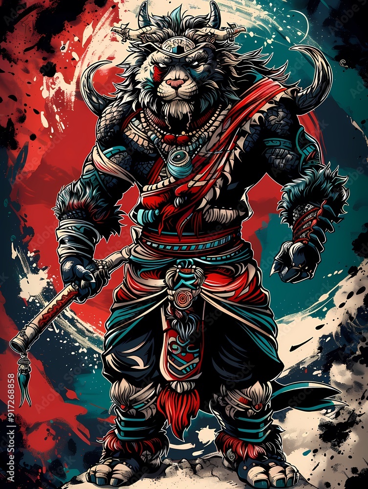 Fototapeta premium A fierce anthropomorphic warrior with animal features, adorned in tribal attire and weapons.