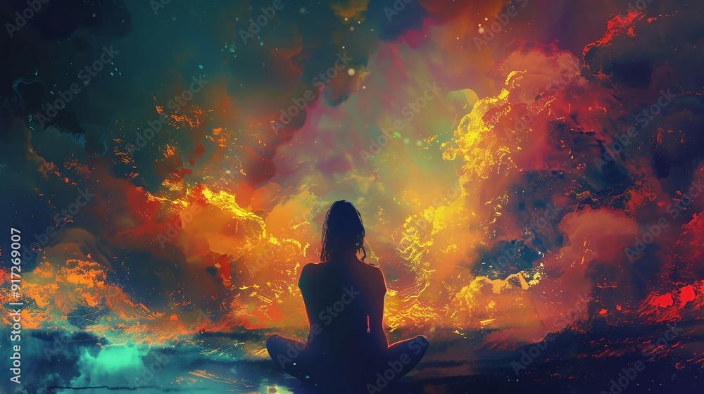 Obraz premium Meditating Figure on Clouds with a Beautiful Sunrise Behind, Evoking Peace and Spiritual Enlightenment