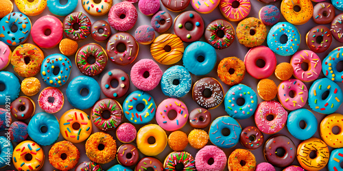 Imagen cenital de donas glaseadas de colores con chispas de colores