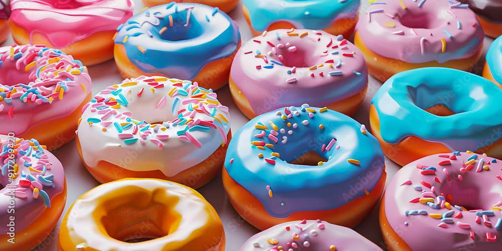 Deliciosas donas glaseadas de distintos sabores con chispas de colores Deliciosas donas glaseadas de distintos sabores con chispas de colores