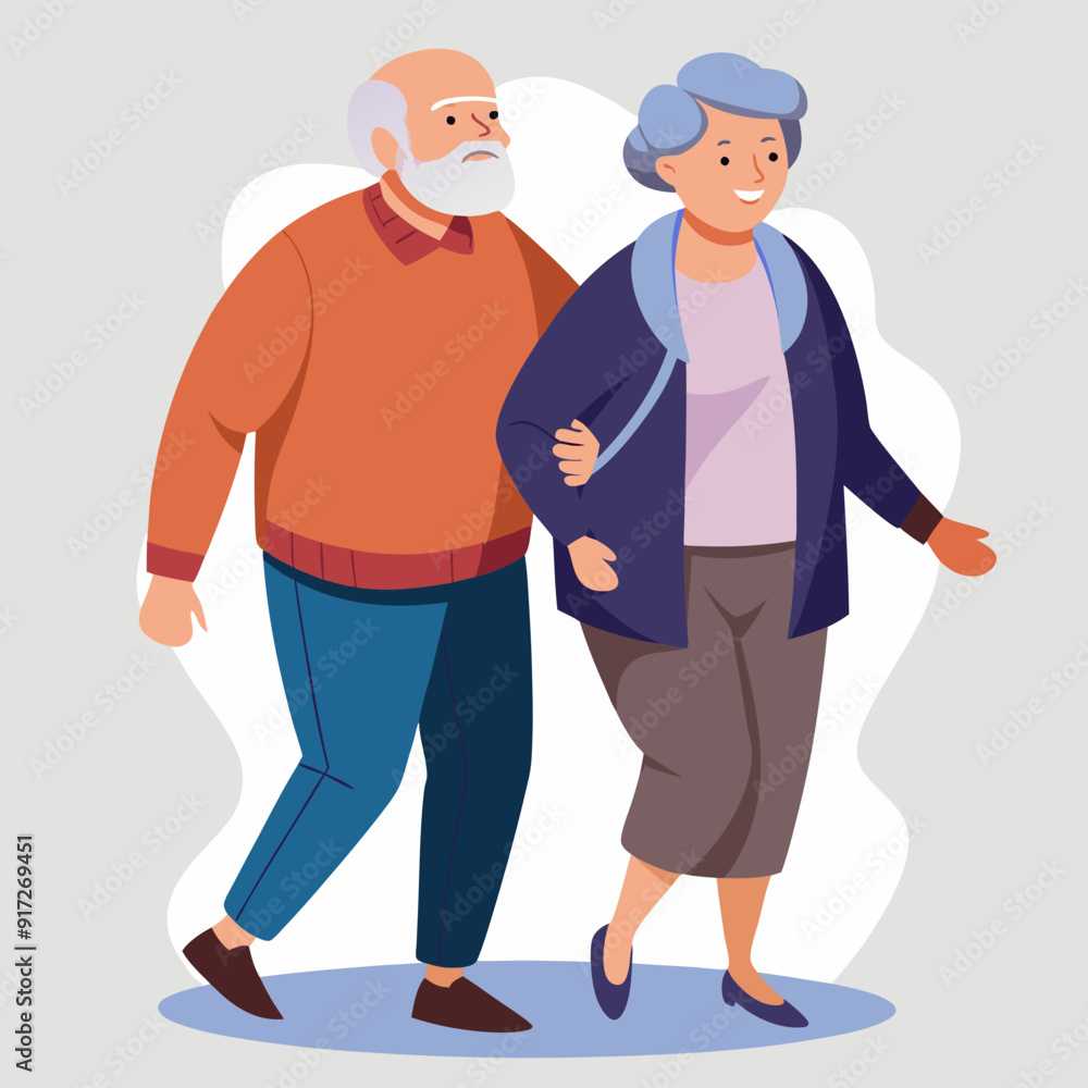 Old senior man and woman walking together arm in arm. Aged grey haired couple Old senior man and woman walking together arm in arm. Aged grey haired couple