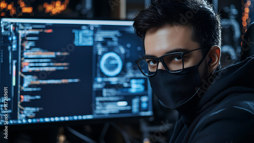 Professional photo of a hacker wearing mask in front of computer