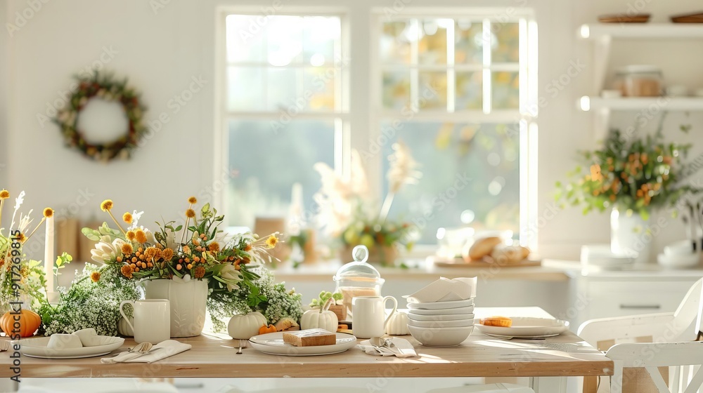 A festive dining room with a DIY wreath-making table, themed wreaths as centerpieces, and autumn-themed decorations all around A festive dining room with a DIY wreath-making table, themed wreaths as centerpieces, and autumn-themed decorations all around