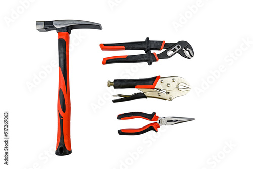 Hammer, adjustable water pump pliers, needle nose pliers and locking pliers isolated on a white background photo