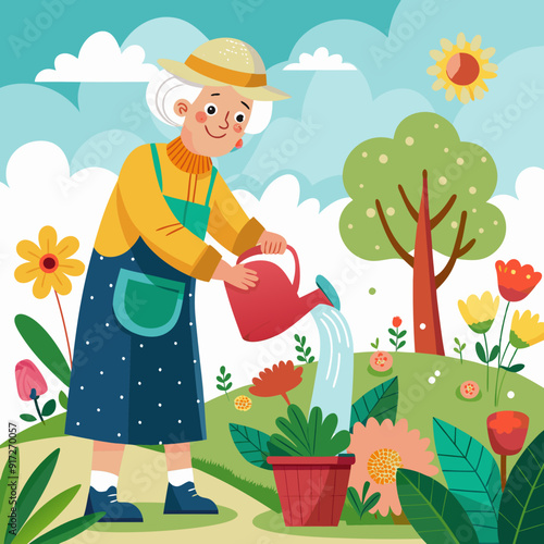 Grandmother watering flowers on a flowerbed in a garden. Active Longevity 