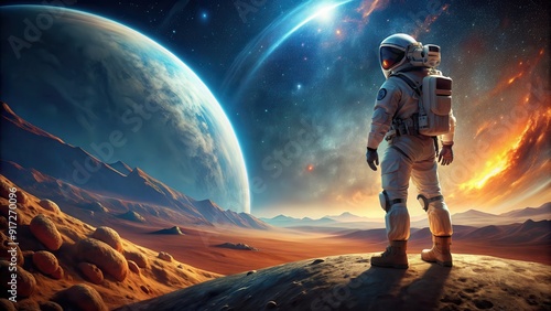 Astronaut in space suit exploring alien planet, space exploration, astronaut, planet, universe, space suit, exploration