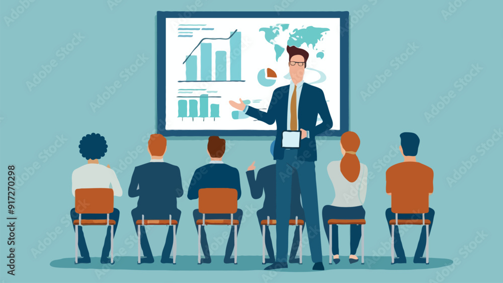 Fototapeta premium A corporate illustration of a man who teaches other people on white background