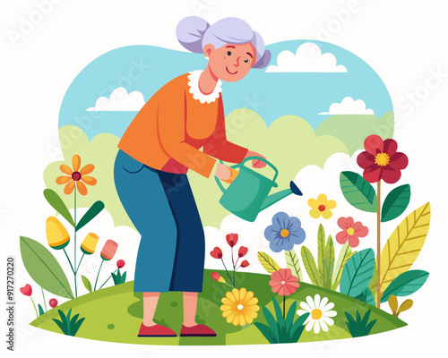 Grandmother watering flowers on a flowerbed in a garden. Active Longevity 
