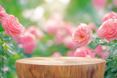 round wooden podium is surrounded by blooming pink roses, with elegant atmosphere for showcasing cosmetic products photo