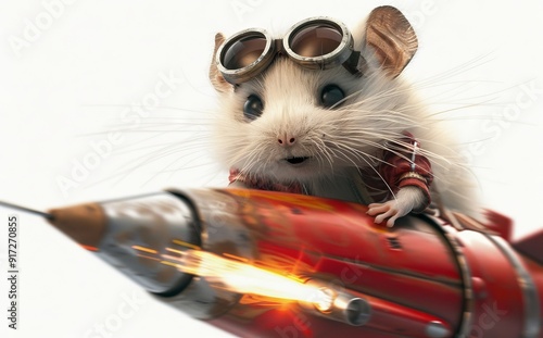 Kids' entertainment and adventure concept with adorable cartoon hamster and red rocket car photo