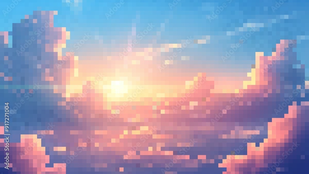 Sunset pixel art background with clouds in the sky Sunset pixel art background with clouds in the sky