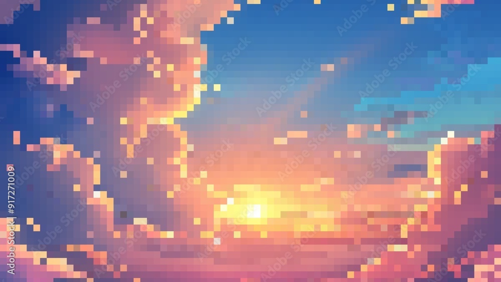 Sunset pixel art background with clouds in the sky Sunset pixel art background with clouds in the sky