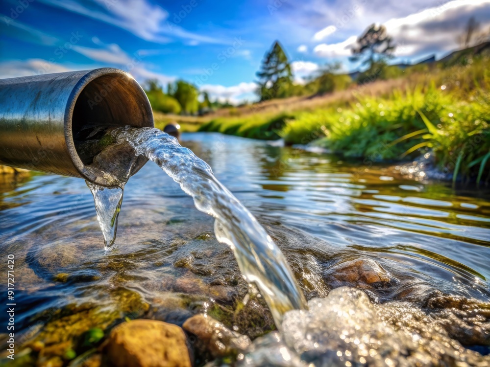 Close-up shot of crystal-clear water streaming from a pipe in an irrigation field. Close-up shot of crystal-clear water streaming from a pipe in an irrigation field.
