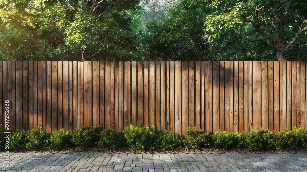 A wooden fence with green bushes in front of it A wooden fence with green bushes in front of it