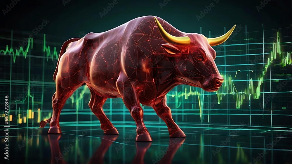 Stock market illustration of bull market, growth in net worth of market in a bullish asset market, trading up worth graph. AI Generated
