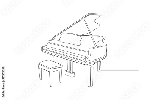 Continuous single-line art drawing of Piano. Hand-drawn piano with chair vector isolated on white background.