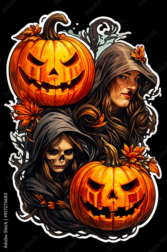 Spooky halloween background with witch and pumpkins, graphic design illustration wallpaper Spooky halloween background with witch and pumpkins, graphic design illustration wallpaper