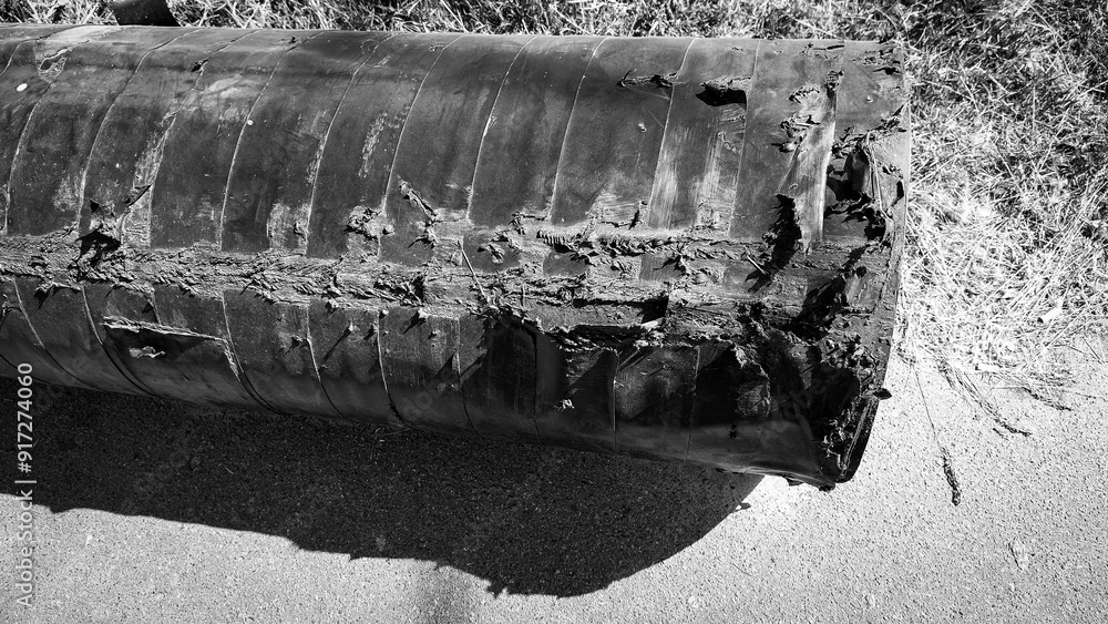 Fototapeta premium The main cold water supply pipe is lying on the ground, the film insulation against corrosion is damaged in places.